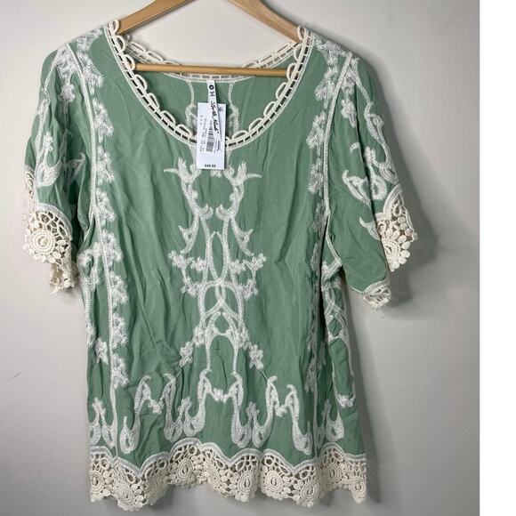 Leo Nicole Embroidered Scoop Neck Short Sleeve Crochet Trim Green Cream Size M - Picture 1 of 7